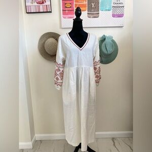 Madewell White V-Neck Embroidered Sleeve Maxi Dress